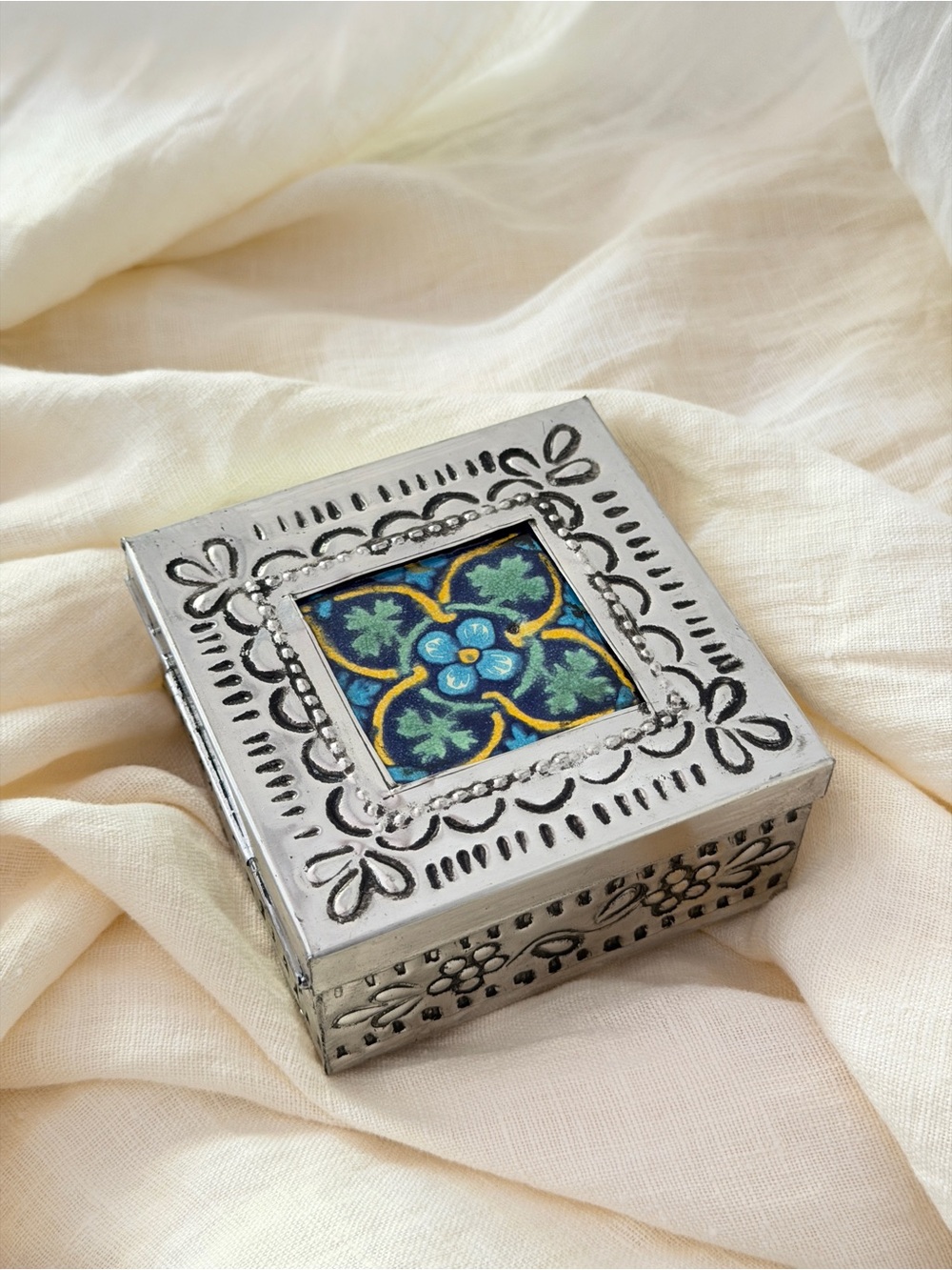 Silver Decorative Trinket Box with Blue Green Tile Accent